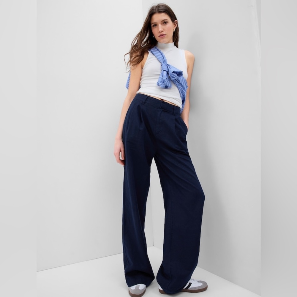 NWT! GAP Uniform Navy High Rise Linen-Cotton Pleated Wide Leg Pants - Multiple - Picture 2 of 7